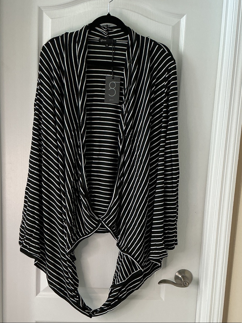 Gibson Black and White Striped Drape Cardigan